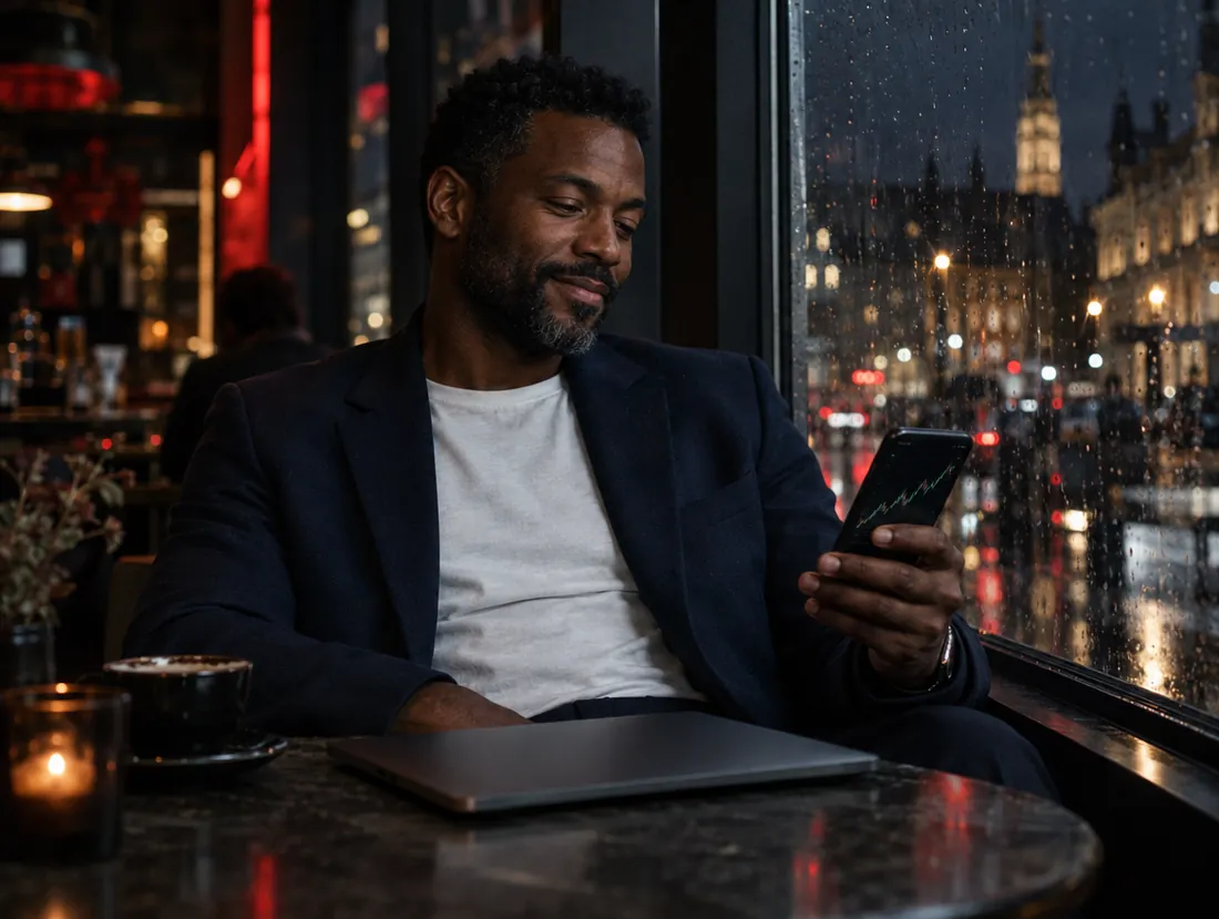 Un homme consulte ses ventes sur son téléphone dans un café de Bruxelles, le soir.