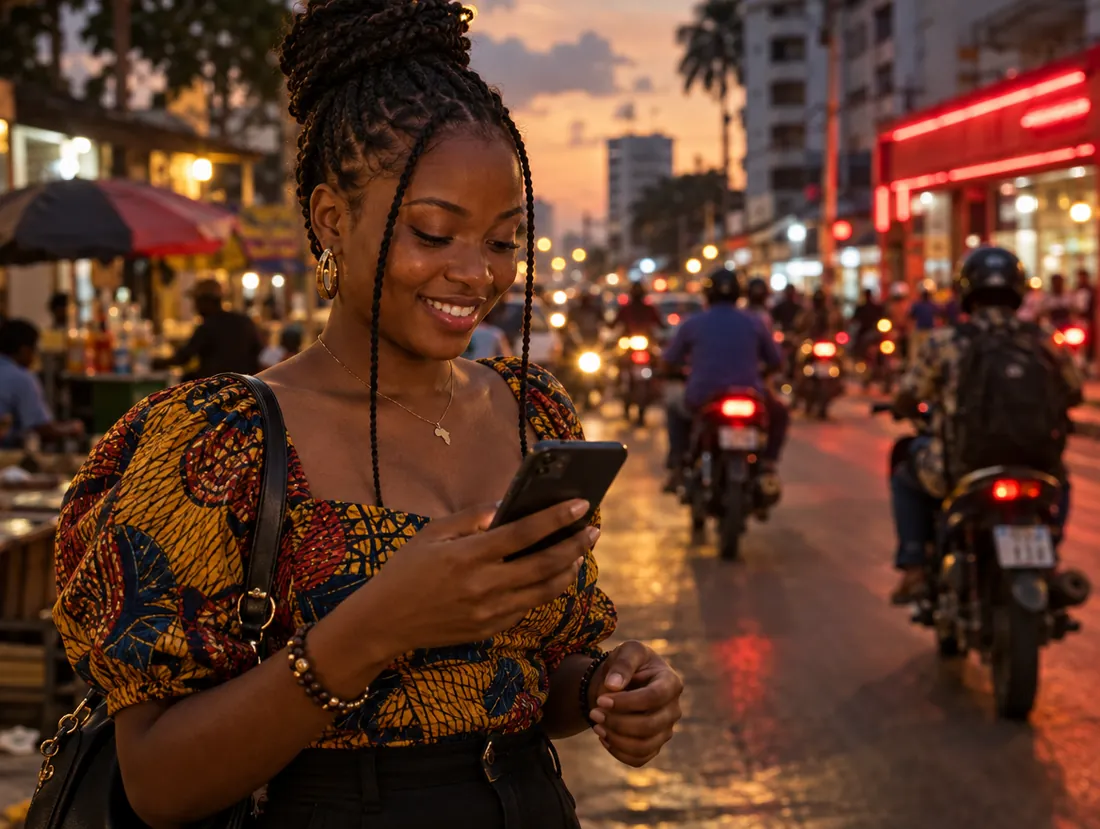 Une jeune femme règle un achat en ligne sur son téléphone, dans une rue animée d'Afrique de l'Ouest au crépuscule.